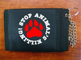 stop animals killing! čierna pevná textilná peňaženka s retiazkou a karabínkou, tlačené logo